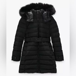 Zara Sz L women Wind & Water Black Down Puffer Belt Detachable Hood Zip Pockets